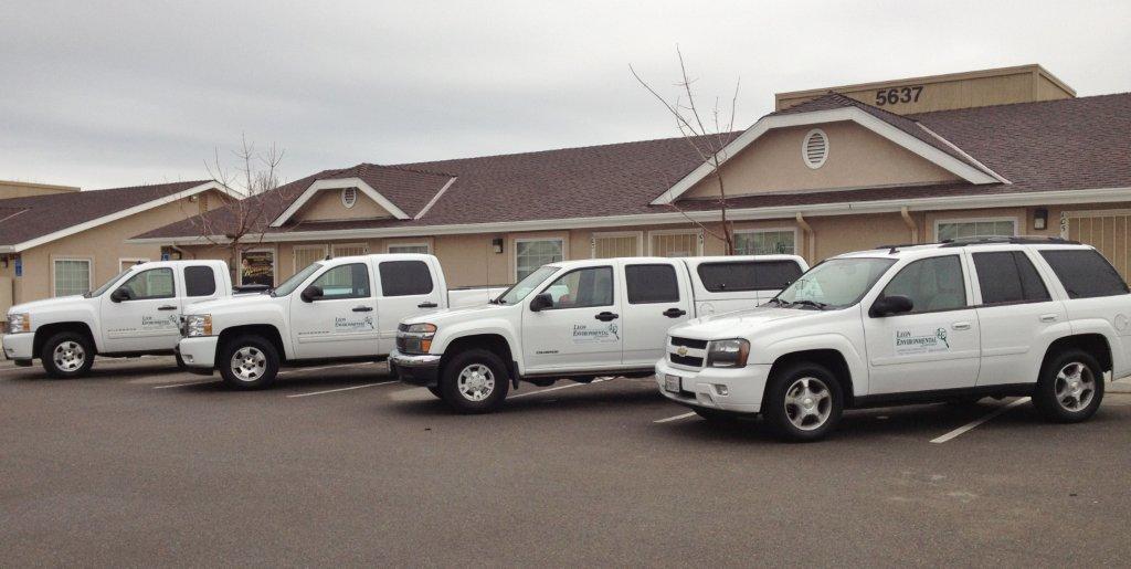 Leon Environmental Services field vehicles parked at the company office in Fresno, California